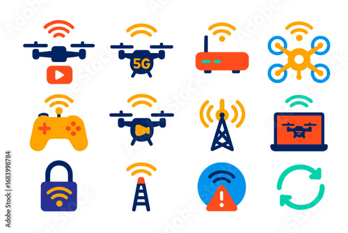 Drone Connectivity Icons. Flat vector icons of drone connectivity: live stream icon, 5G drone, Wi-Fi module, telemetry signal,