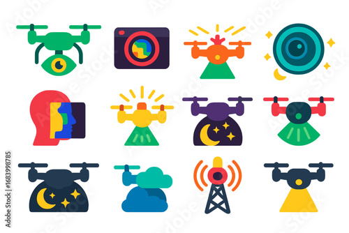 Drone Night Operations Icons. Flat vector icons of drone night operations: night vision drone, infrared camera, LED navigation