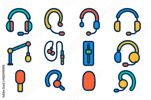 Vibrant Headset Icons. Flat vector icons of headset microphones: gaming headset, wireless fitness mic, presenter mic, live event