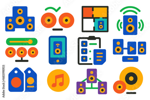 Multi-Room Audio Icons. Flat vector icons of multi-room audio speakers: speaker group icon, synchronized playback, room layout map