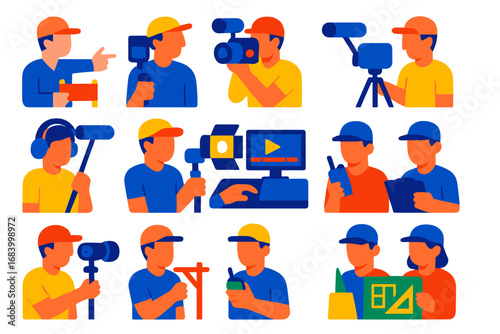 Video Production Roles Icons. Flat vector icons of video production roles: director icon, cinematographer, camera operator, sound