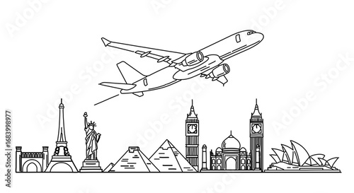 World travel landmarks and airplane, a journey around the world