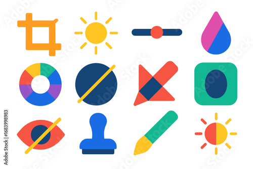 Photo Editing Icons. Flat vector icons of photo editing tools: crop icon, brightness adjustment, contrast slider, saturation