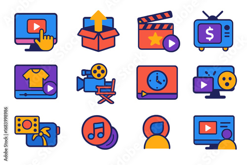 Colorful Video Icons. Flat vector icons of video content types: tutorial video, unboxing video, short film, commercial video,