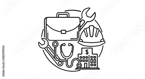 Illustration of different professions and occupations with a briefcase, hard hat, and stethoscope