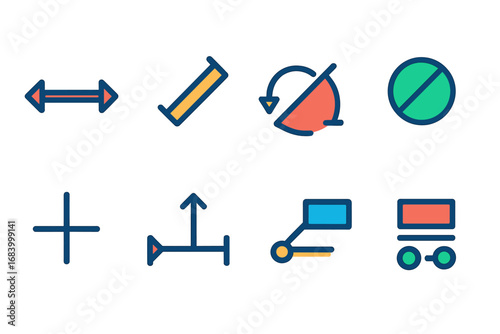 Colorful CAD Icons. Flat vector icons of CAD dimensions and annotations: linear dimension, aligned dimension, angular dimension,
