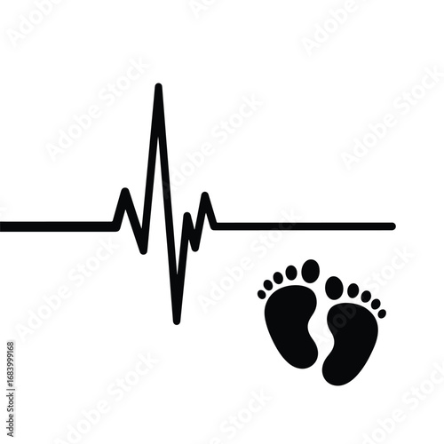 Heartbeat line with baby footprints silhouette for maternity healthcare and new life symbolism