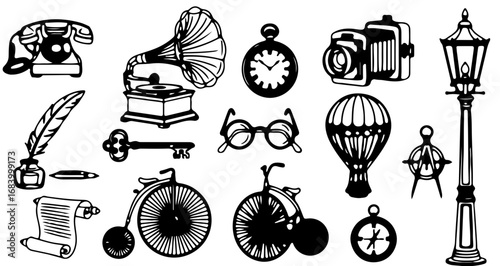 Collection of antique and vintage objects in a vector illustration