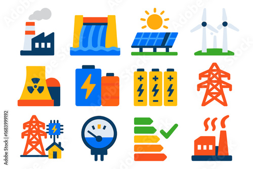 Energy Systems Icons. Flat vector icons of energy systems in engineering: power plant, hydroelectric dam, solar panel array, wind