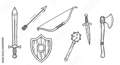 Hand drawn set of medieval weapons, including sword, bow, arrow, shield, axe, mace and dagger