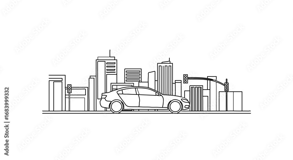 Naklejka premium Car driving through city skyline vehicle on road with buildings