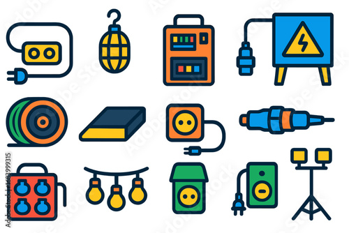 Temporary Electrical Icons. Flat vector icons of temporary electrical setups: extension cord, temporary lighting, portable breaker