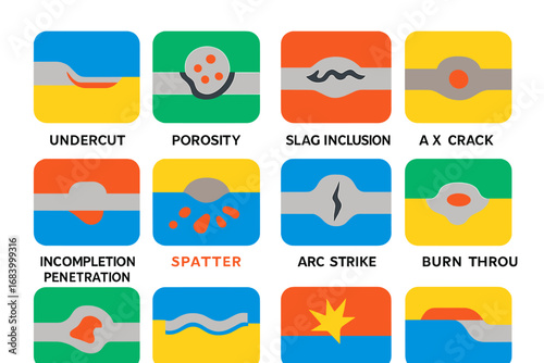 Welding Defect Icons. Flat vector icons of welding defects: undercut, porosity, slag inclusion, lack of fusion, incomplete