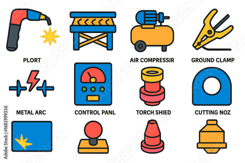 Plasma Cutting Icons. Flat vector icons of plasma cutting tools: plasma torch, cutting table, air compressor, ground clamp, pilot