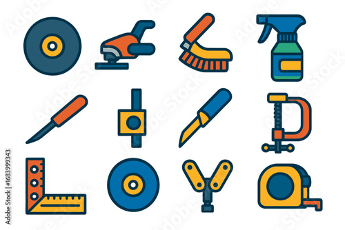 Metal Preparation Icons. Flat vector icons of metal preparation for welding: metal cutting disc, surface grinder, cleaning brush,