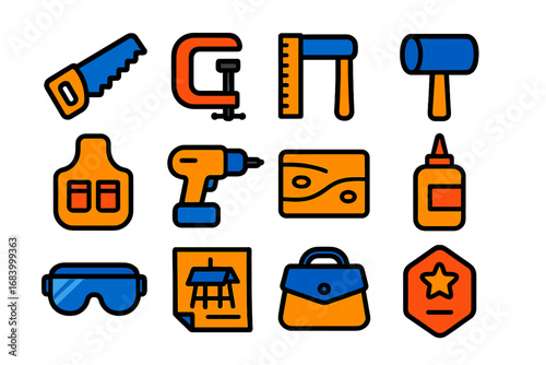 Carpentry Apprentice Tools. Flat vector icons of carpentry apprentice tools: beginner saw, small clamp, learning square, soft