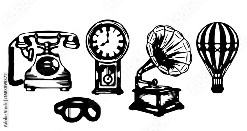 Vintage objects, including a telephone, clock, glasses, gramophone, and hot air balloon