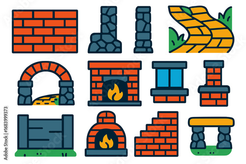 Masonry Icon Set. Flat vector icons of masonry structures: brick wall, retaining wall, stone pillar, garden pathway, brick arch,