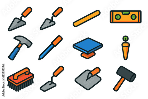 Vibrant Masonry Tools Icons. Flat vector icons of masonry tools: brick trowel, pointing trowel, jointer tool, spirit level, brick