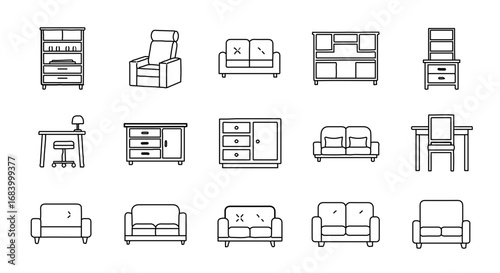 Collection of furniture line art, including sofas, chairs, tables, and storage units