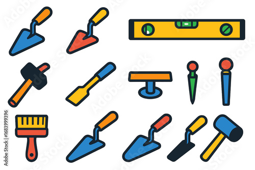 Vibrant Masonry Tools Icons. Flat vector icons of masonry tools: brick trowel, pointing trowel, jointer tool, spirit level, brick