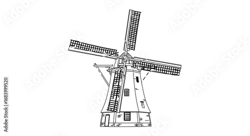 Detailed line drawing of a traditional windmill, showcasing architectural design