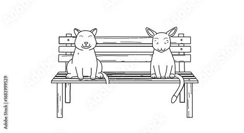 Two cats on bench line art, a cute and whimsical illustration of feline friendship