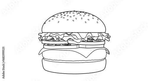 Illustration of a burger with cheese, tomato, and lettuce