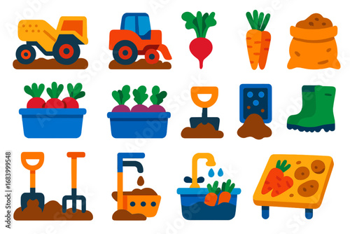 Root Crop Harvest. Flat vector icons of root crop harvest: potato harvester, beet puller, carrot bundle, radish tub, turnip tray,
