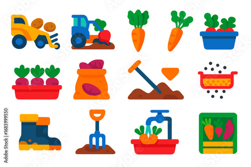Root Crop Harvest. Flat vector icons of root crop harvest: potato harvester, beet puller, carrot bundle, radish tub, turnip tray,