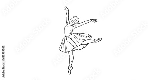 Illustration of a ballerina in a tutu dancing en pointe in black and white