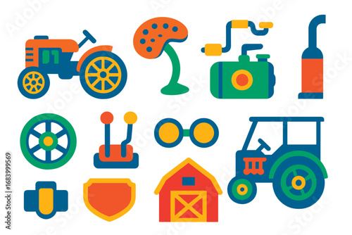 Vintage Tractor Icons. Flat vector icons of vintage tractors: steel-wheeled tractor, antique seat, crank start engine, old exhaust
