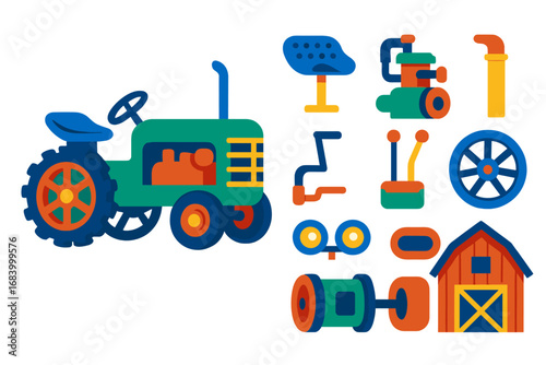 Vintage Tractor Icons. Flat vector icons of vintage tractors: steel-wheeled tractor, antique seat, crank start engine, old exhaust