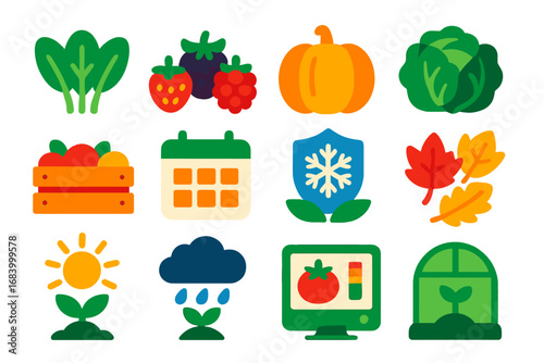 Seasonal Harvest Icons. Flat vector icons of seasonal harvest: spring greens, summer berries, autumn squash, winter cabbage,
