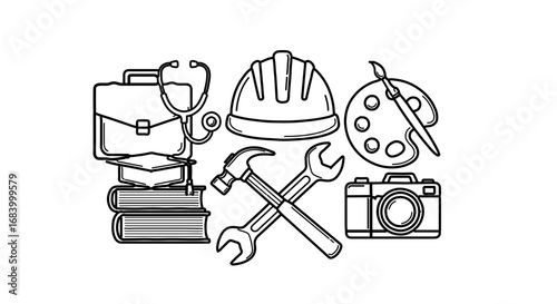 Illustration showing different professions and tools of the trade in black and white