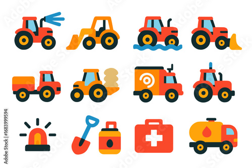 Emergency Tractors Icons. Flat vector icons of tractor in emergency use: fire-fighting tractor, rescue loader, flood evacuation