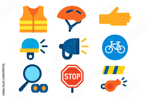 Cycling Safety Icons. Flat vector icons of cycling safety: reflective vest, helmet, hand signal icon, bell icon, headlight, bike