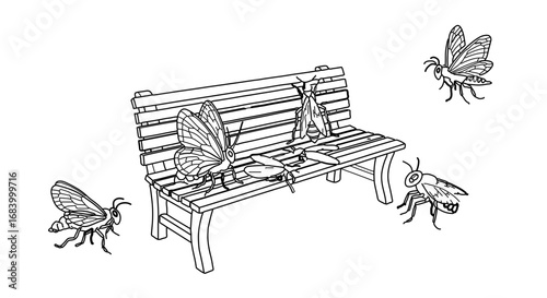 Insects on a park bench, including butterflies, grasshoppers, bees, and moths