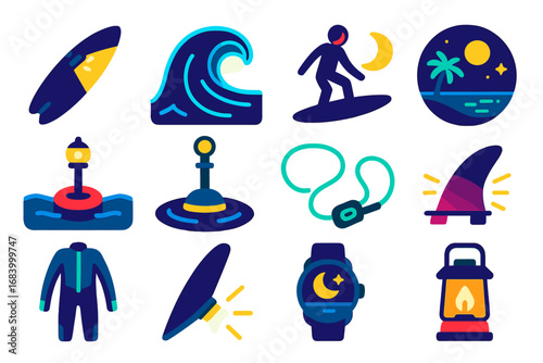 Night Surf Icons. Flat vector icons of night surfing: board with headlamp, glowing wave, moonlit surf, starry beach, light buoy,