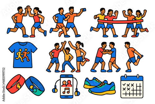 Running Buddy Icons. Flat vector icons of running with friends: high-five, pace group, group selfie, finish together, team shirt,
