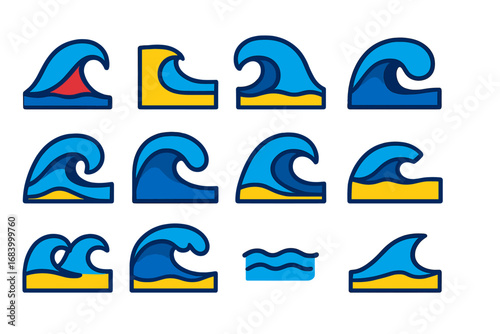 Wave Icon Set. Flat vector icons of wave types: closeout wave, peeling wave, barreling wave, mushy wave, spilling wave, hollow