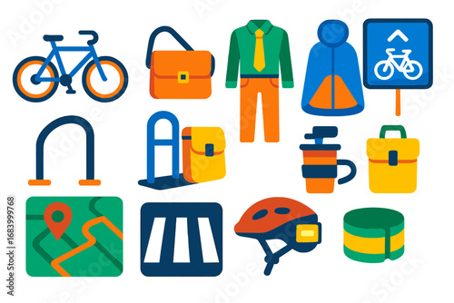 Bike Commuting Icons. Flat vector icons of bike commuting: commuter bike, messenger bag, office clothes, bike lane, parking rack,