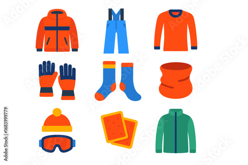 Ski Gear Icons. Flat vector icons of ski clothing: insulated jacket, snow pants, base layer shirt, ski gloves, thermal socks, neck