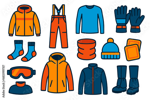 Ski Gear Icons. Flat vector icons of ski clothing: insulated jacket, snow pants, base layer shirt, ski gloves, thermal socks, neck