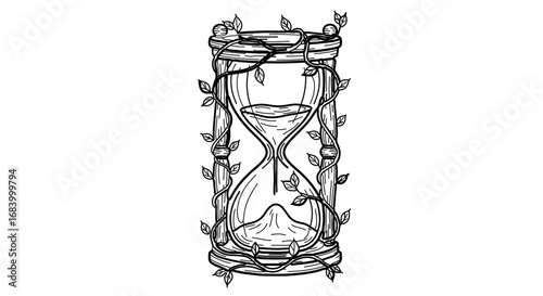 Detailed black and white line art illustration of an hourglass with vines