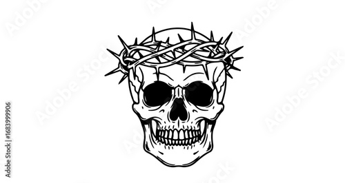 Skull with crown of thorns a symbol of death and suffering, drawing
