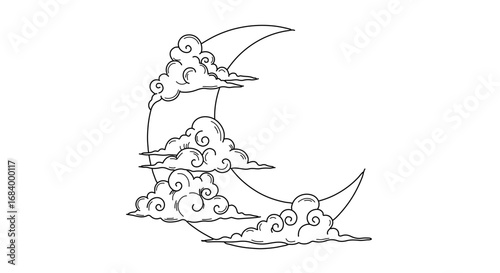 Illustration of a crescent moon surrounded by fluffy clouds, , creating a dreamy atmosphere
