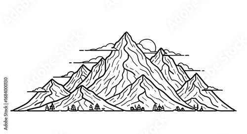 A majestic mountain range with towering peaks, lush trees, and fluffy clouds
