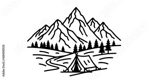 Illustration of a camping scene with a tent and mountains