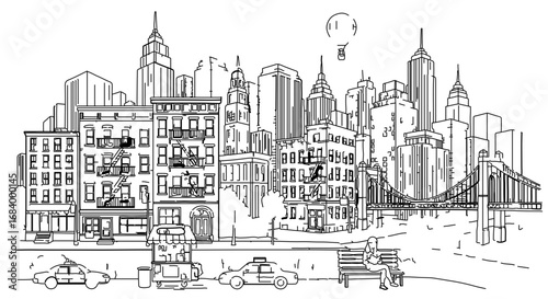Illustration of a new york city skyline with buildings and cars, , in black and white